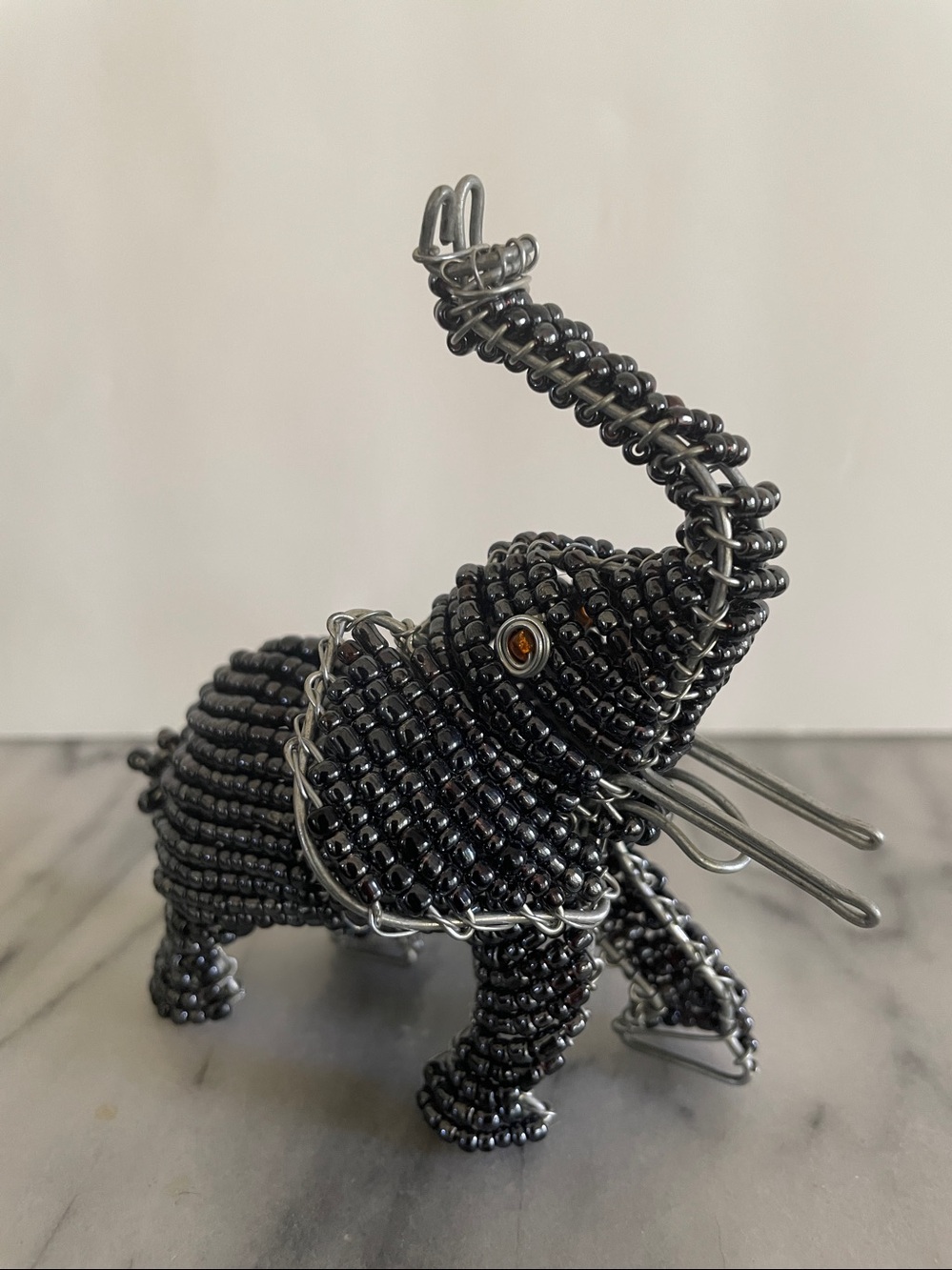 Handmade African Elephant Beaded Wire Frame Home Decor Accent Figurine-Gray